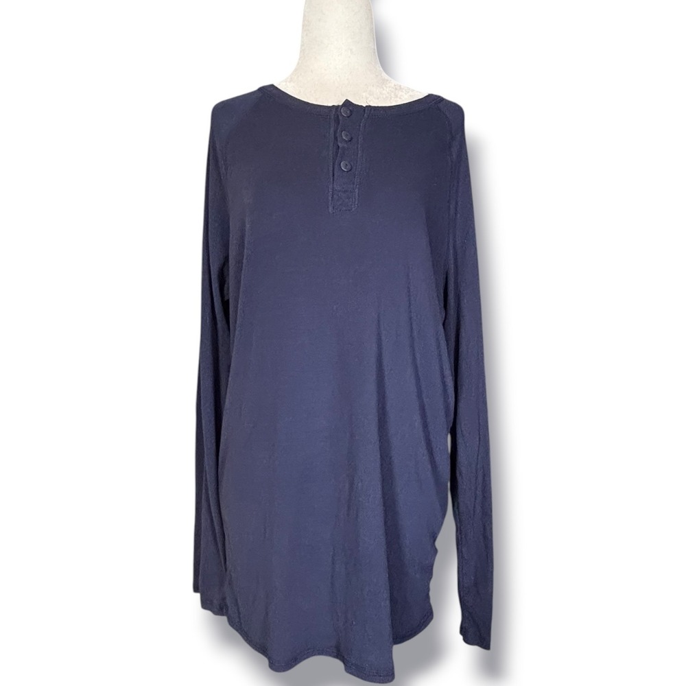 Lanz Mens Navy Blue Henley Long Sleeve Shirt Size Medium Cotton Blend Casual